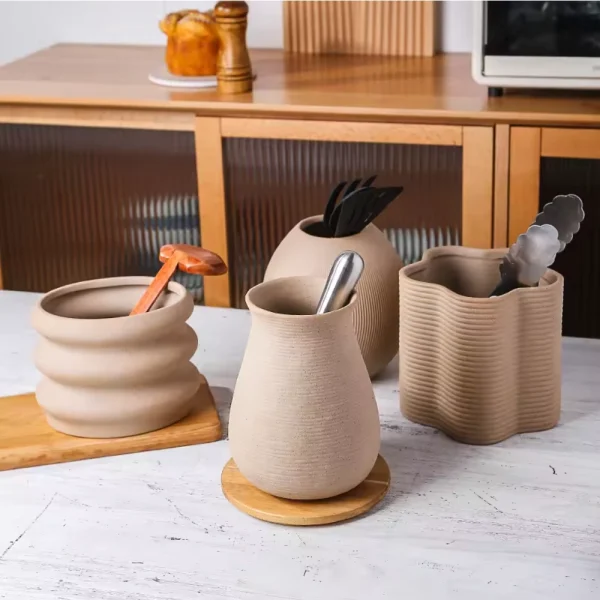 Custom Ceramic Storage Holders, Striped Clay Cutlery Organizers