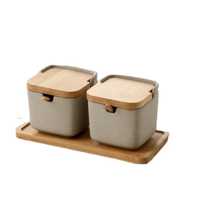 Lot de pots à épices en céramique personnalisés avec couvercle en bambou et plateau 1