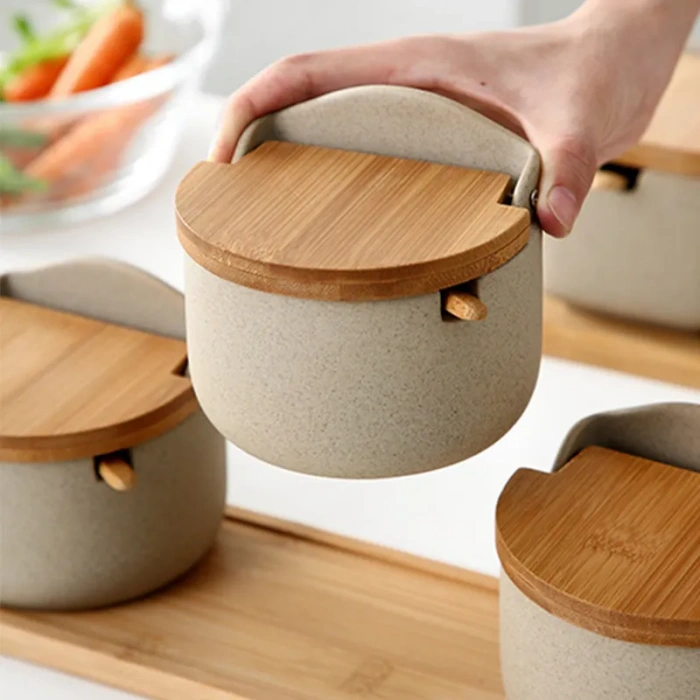 Lot de pots à épices en céramique personnalisés avec couvercle en bambou et plateau6