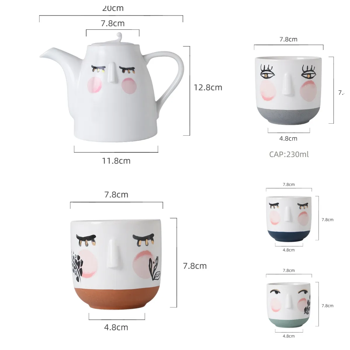 Custom Ceramic Tea Set Abstract Face Design with 3D Relief Mugs