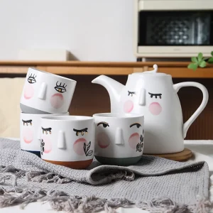 Custom Ceramic Tea Set Abstract Face Design with 3D Relief Mugs1
