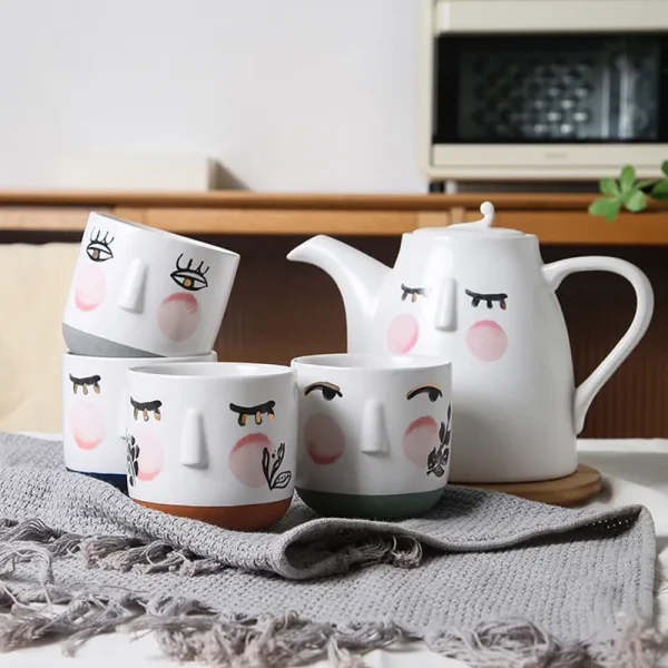 Custom Ceramic Tea Set Abstract Face Design with 3D Relief Mugs1