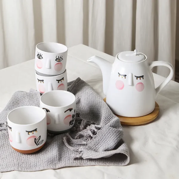 Custom Ceramic Tea Set Abstract Face Design with 3D Relief Mugs2