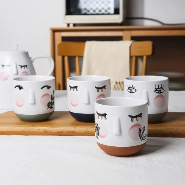 Custom Ceramic Tea Set Abstract Face Design with 3D Relief Mugs4