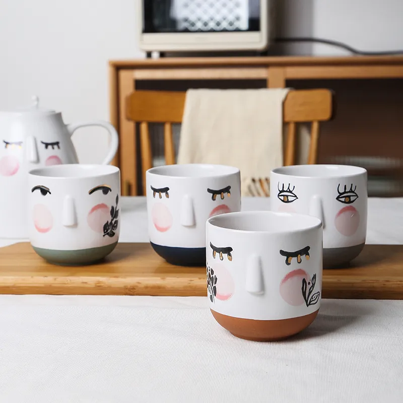 Custom Ceramic Tea Set Abstract Face Design with 3D Relief Mugs4