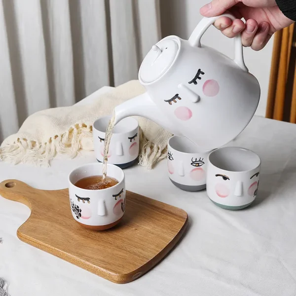 Custom Ceramic Tea Set Abstract Face Design with 3D Relief Mugs6