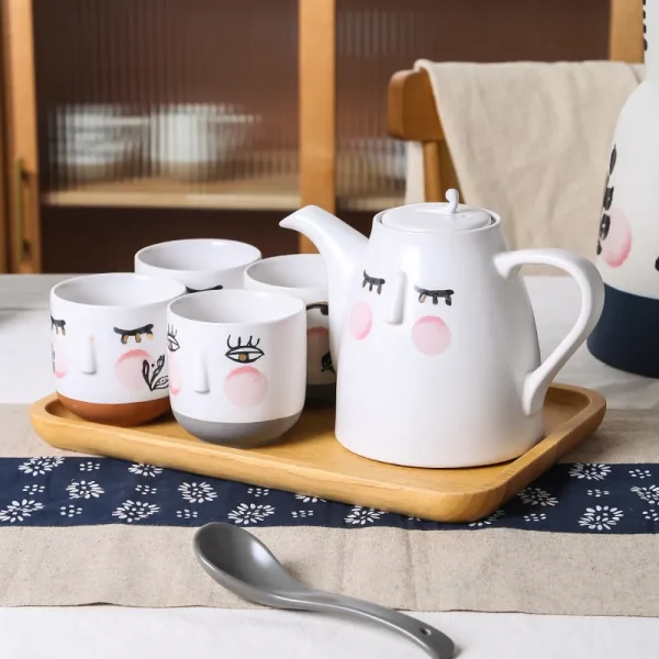 Custom Ceramic Tea Set Abstract Face Design with 3D Relief Mugs8