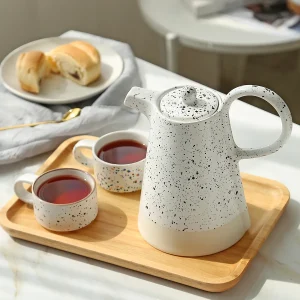 Custom Ceramic Tea Set in Bulk Speckled Terrazzo Design with Conical Teapot1