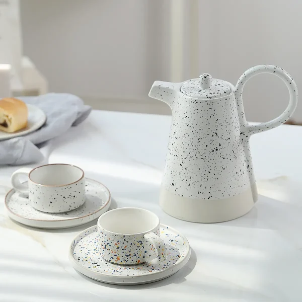 Custom Ceramic Tea Set in Bulk Speckled Terrazzo Design with Conical Teapot2