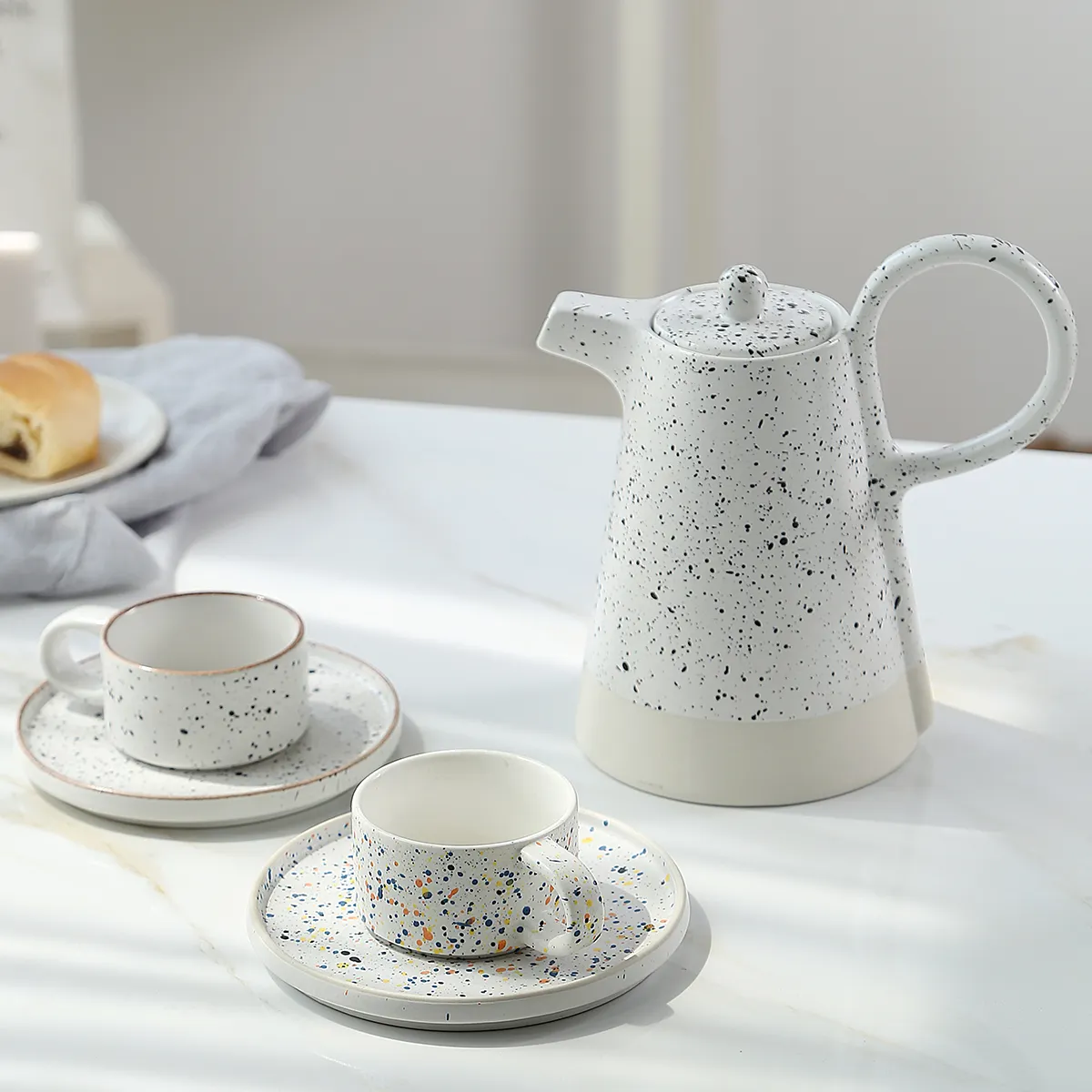 Custom Ceramic Tea Set in Bulk Speckled Terrazzo Design with Conical Teapot2