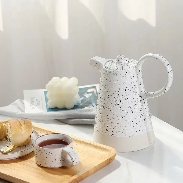 Custom Ceramic Tea Set in Bulk Speckled Terrazzo Design with Conical Teapot5