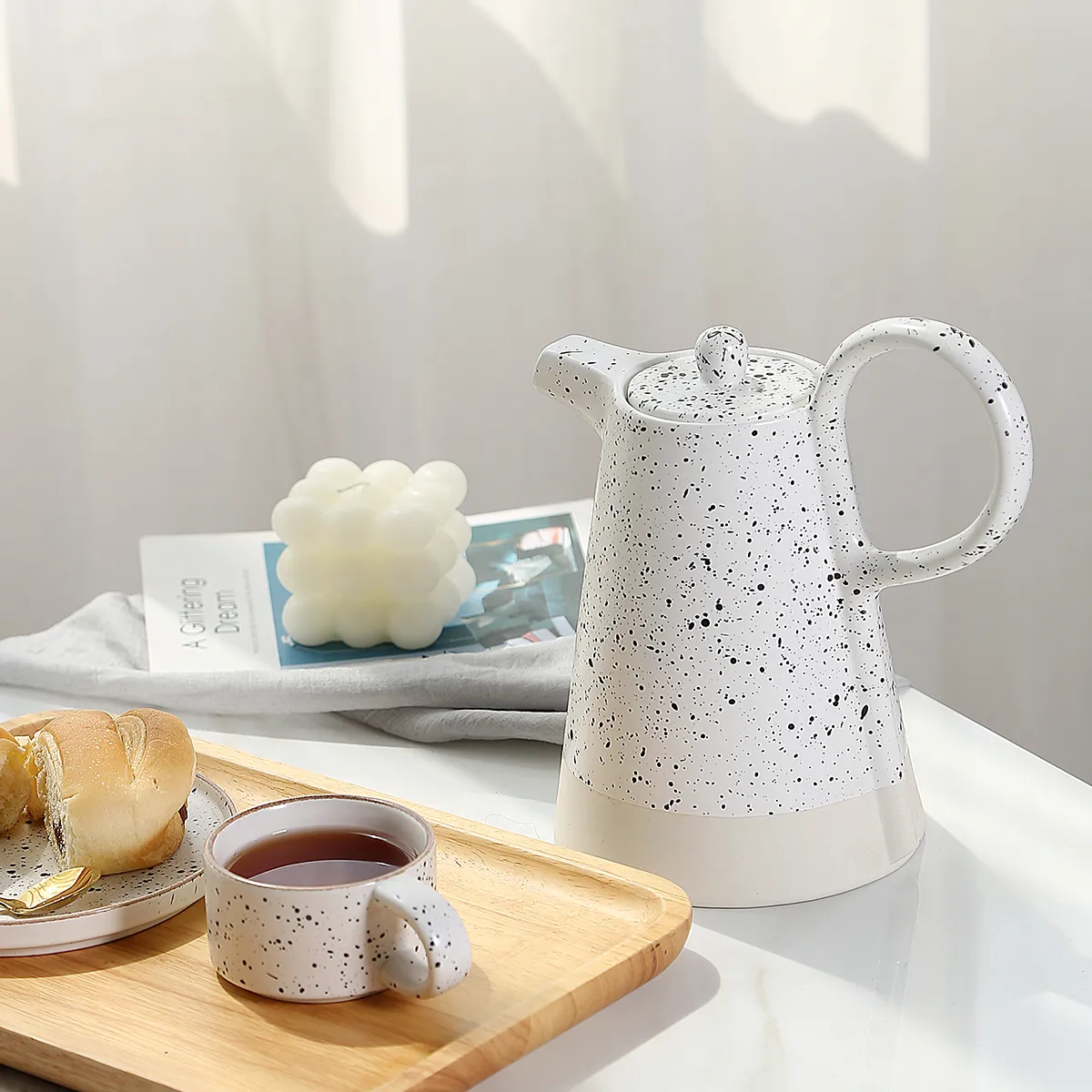 Custom Ceramic Tea Set in Bulk Speckled Terrazzo Design with Conical Teapot5