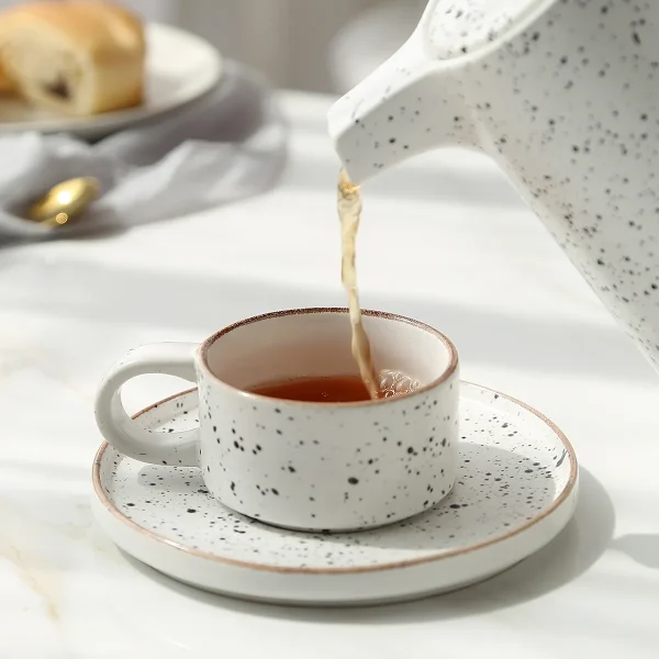 Custom Ceramic Tea Set in Bulk Speckled Terrazzo Design with Conical Teapot6