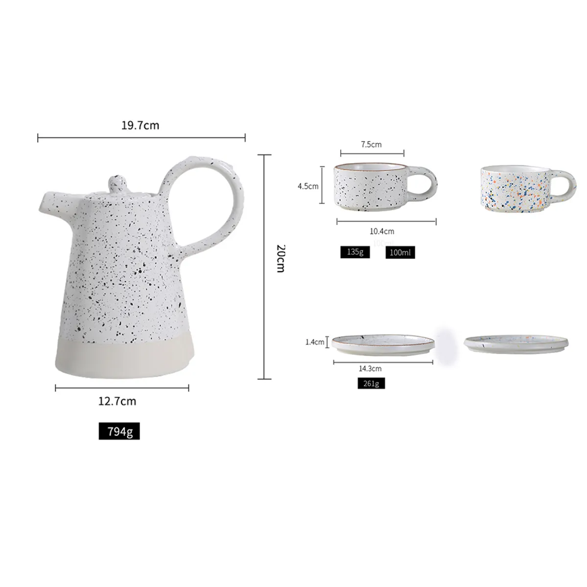 Custom Ceramic Tea Set in Bulk Speckled Terrazzo Design with Conical Teapot7