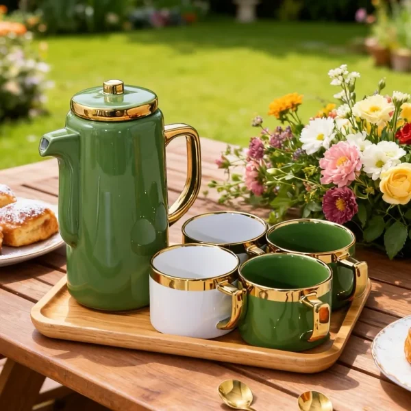 Custom Luxury Emerald Ceramic Tea Set with Gold Electroplated Mugs1