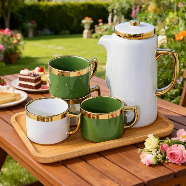Custom Luxury Emerald Ceramic Tea Set with Gold Electroplated Mugs2