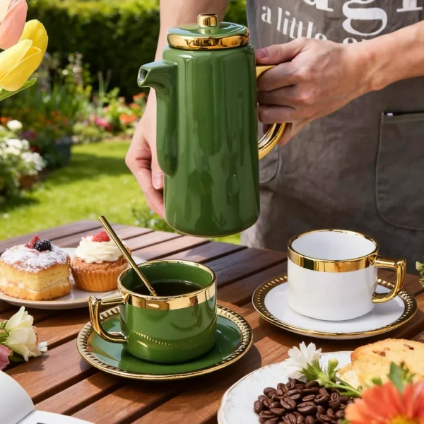 Custom Luxury Emerald Ceramic Tea Set with Gold Electroplated Mugs3