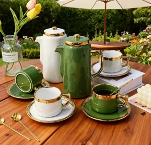 Custom Luxury Emerald Ceramic Tea Set with Gold Electroplated Mugs4