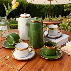 Custom Luxury Emerald Ceramic Tea Set with Gold Electroplated Mugs4